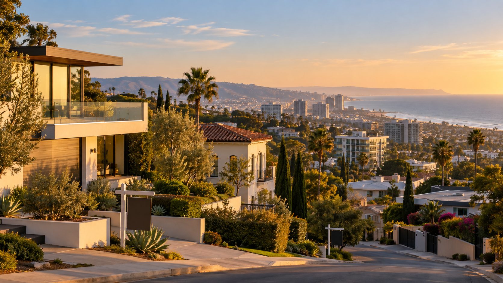 Westside Los Angeles homes overlooking the Pacific Ocean at sunset