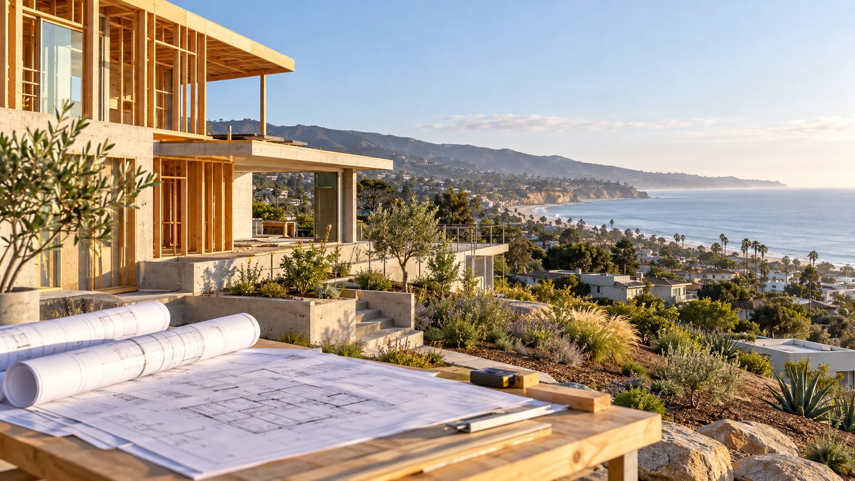Pacific Palisades home rebuilding project overlooking the coastline