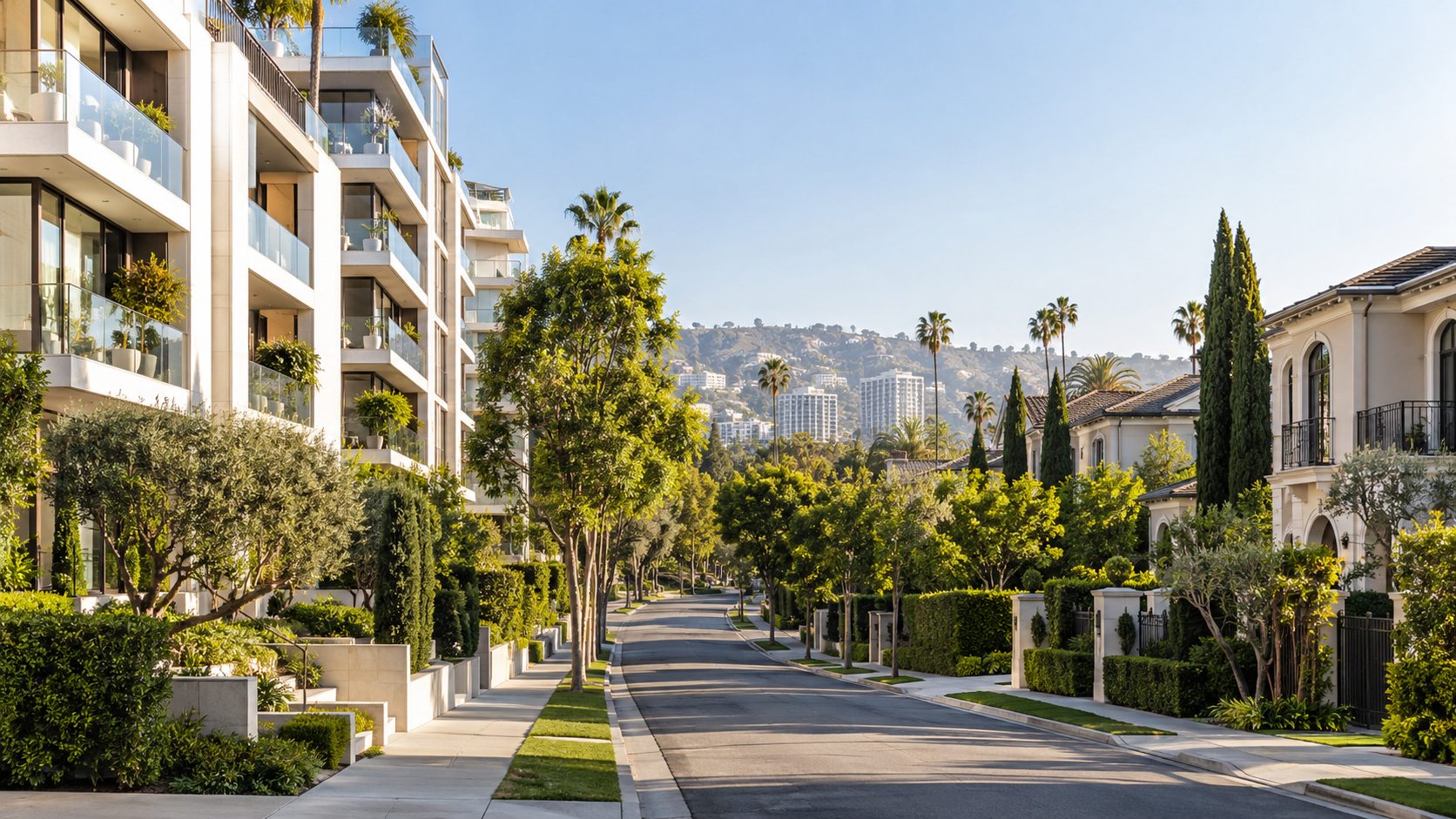 Los Angeles street with a luxury condominium building opposite single family homes